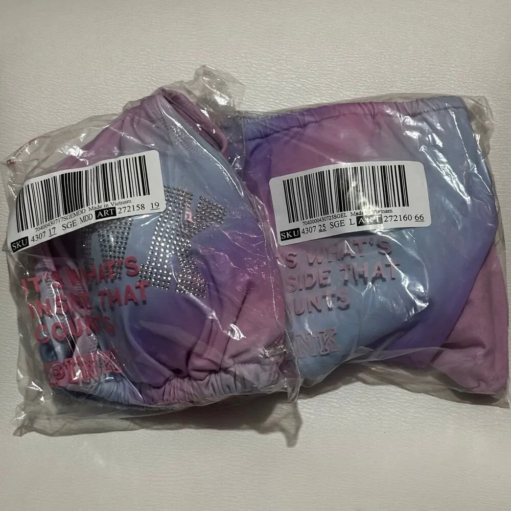 Victorias Secret PINK String Bikini Set Rainbow Ombre Cotton Candy Bling M-DD